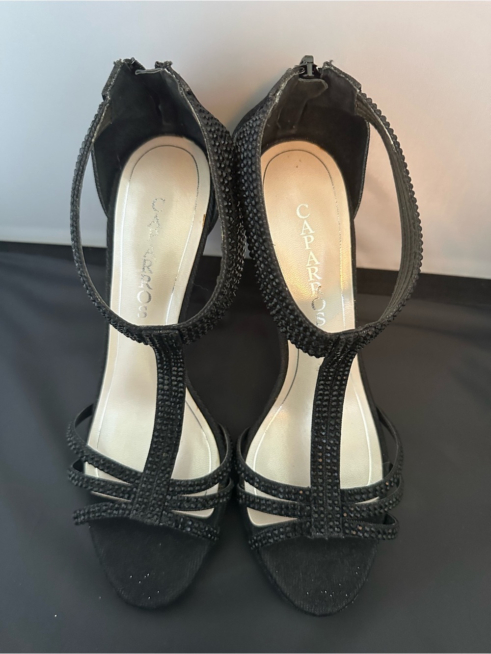 Beautiful open toe Caparros Black Embellished Strappy 4” High Heel Sandals .